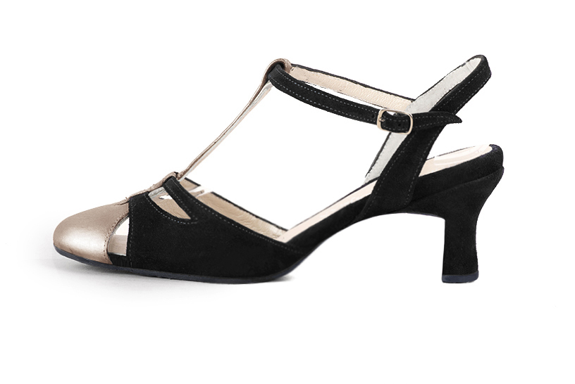 Tan beige and matt black women's open back T-strap shoes. Round toe. Medium spool heels. Profile view - Florence KOOIJMAN